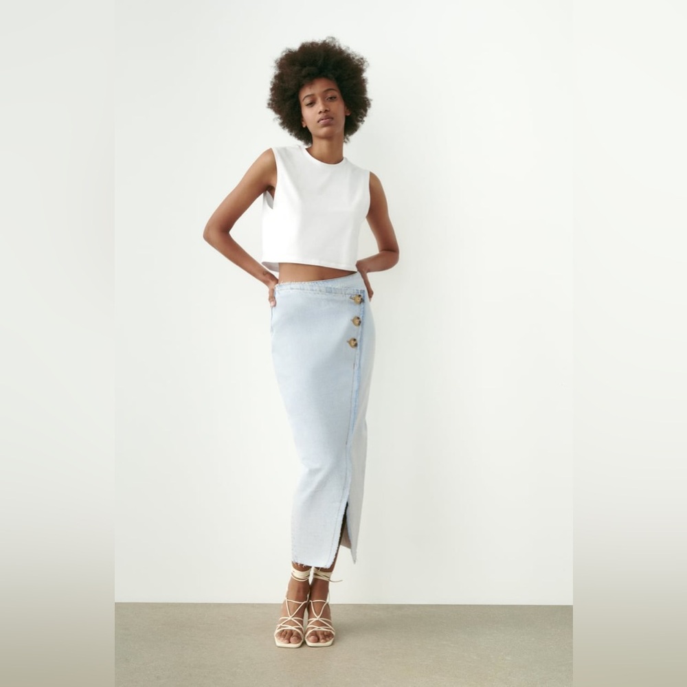 ZARA DENIM MIDI SKIRT LIGHT BLUE
